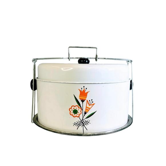 Vintage MCM Deco Floral Metal Cake Carrier - Picture 9 of 9